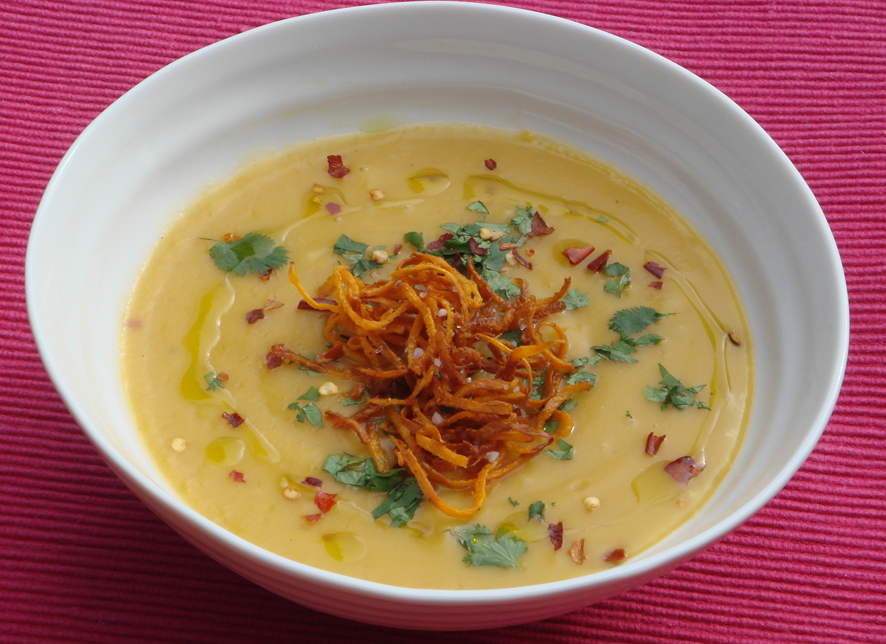 Sweet Potato, Orange and Ginger Cream Soup with Crispy Sweet Potatoes and Chilli Flakes