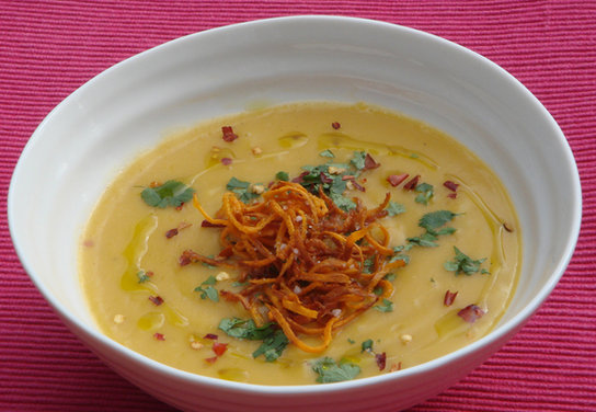Sweet Potato, Orange and Ginger Cream Soup with Crispy Sweet Potatoes and Chilli Flakes