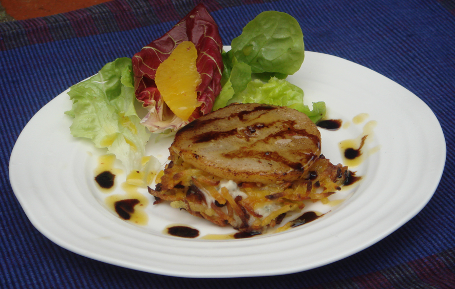 Warm Sweet Potato Rostis with Gorgonzola and Pear 