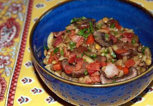 Lentil and Toasted Orzo Salad with Mushrooms and Bacon
