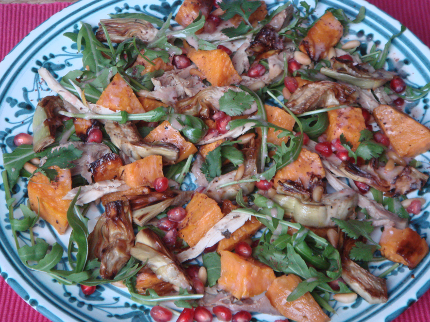 Autumn Salad with Artichokes, Sweet Potato, Arugula and Pomegranate
