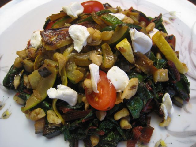 Warm Swiss Chard Salad in Brown Butter with Sauteed Vegetables, Goat Cheese, and Walnuts