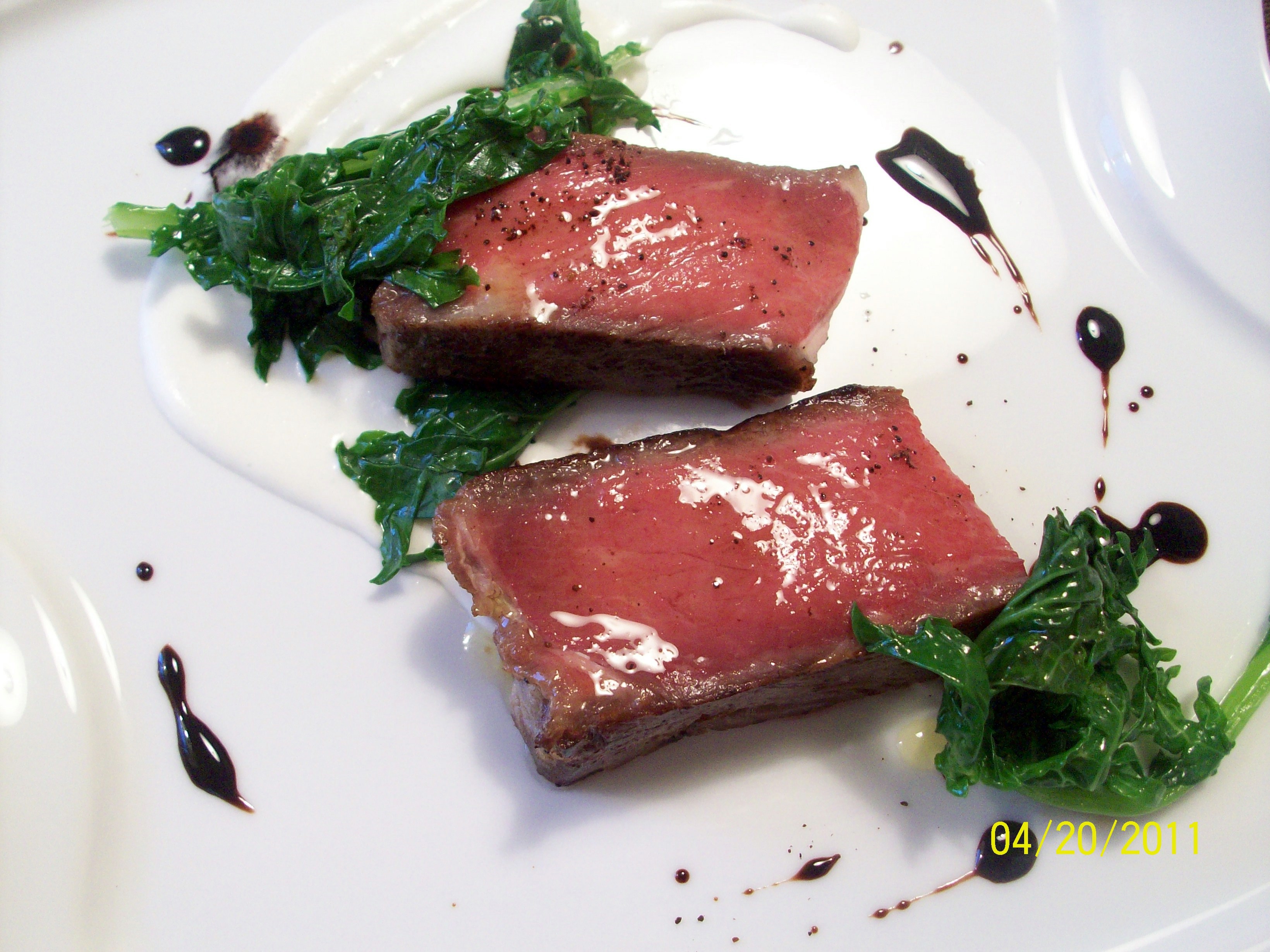 Coffee Confit of Ribeye, Parsnip Puree, Kale & Balsamic-Coffee Sauce