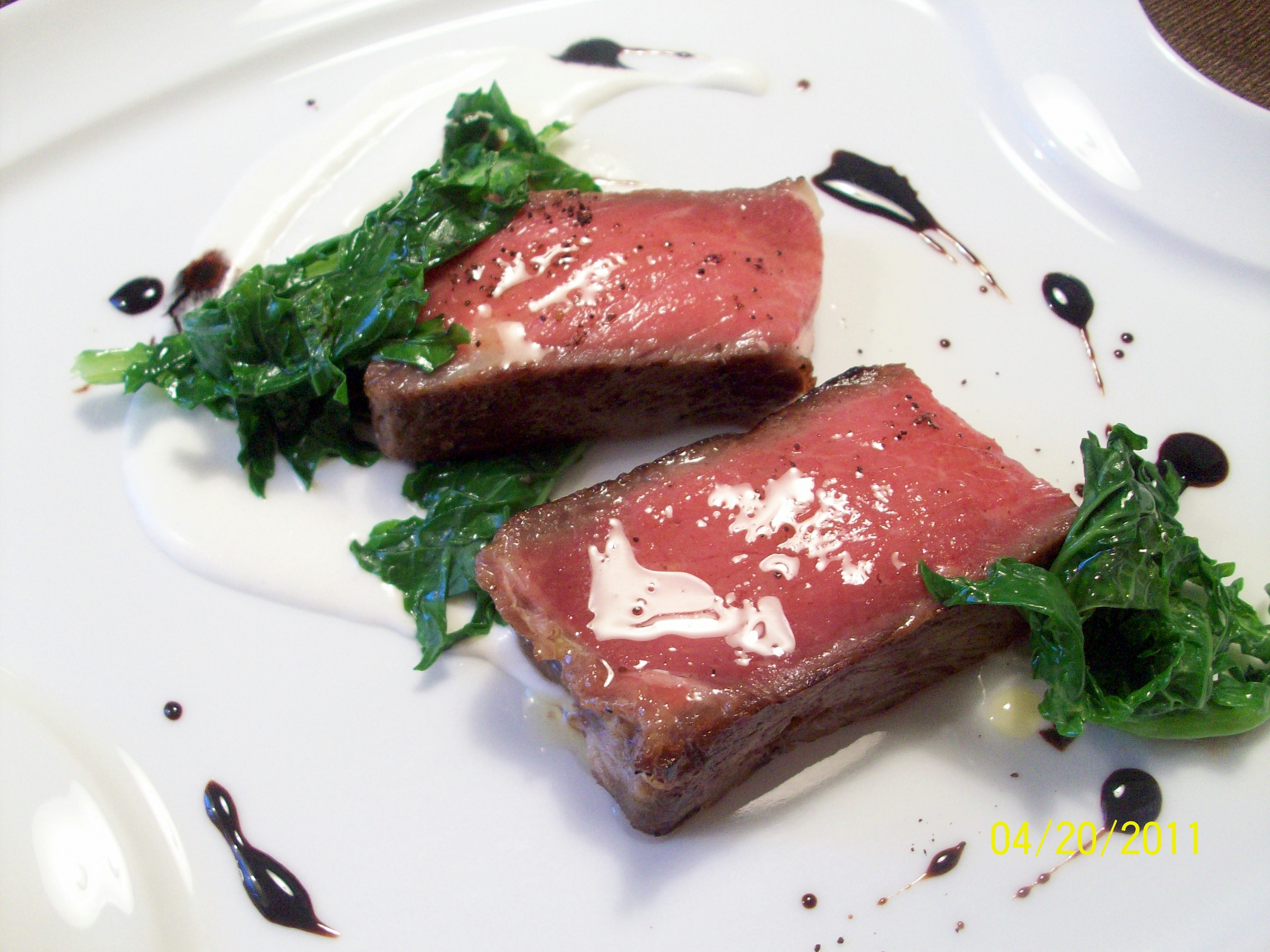 Coffee Confit of Ribeye, Parsnip Puree, Kale & Balsamic-Coffee Sauce