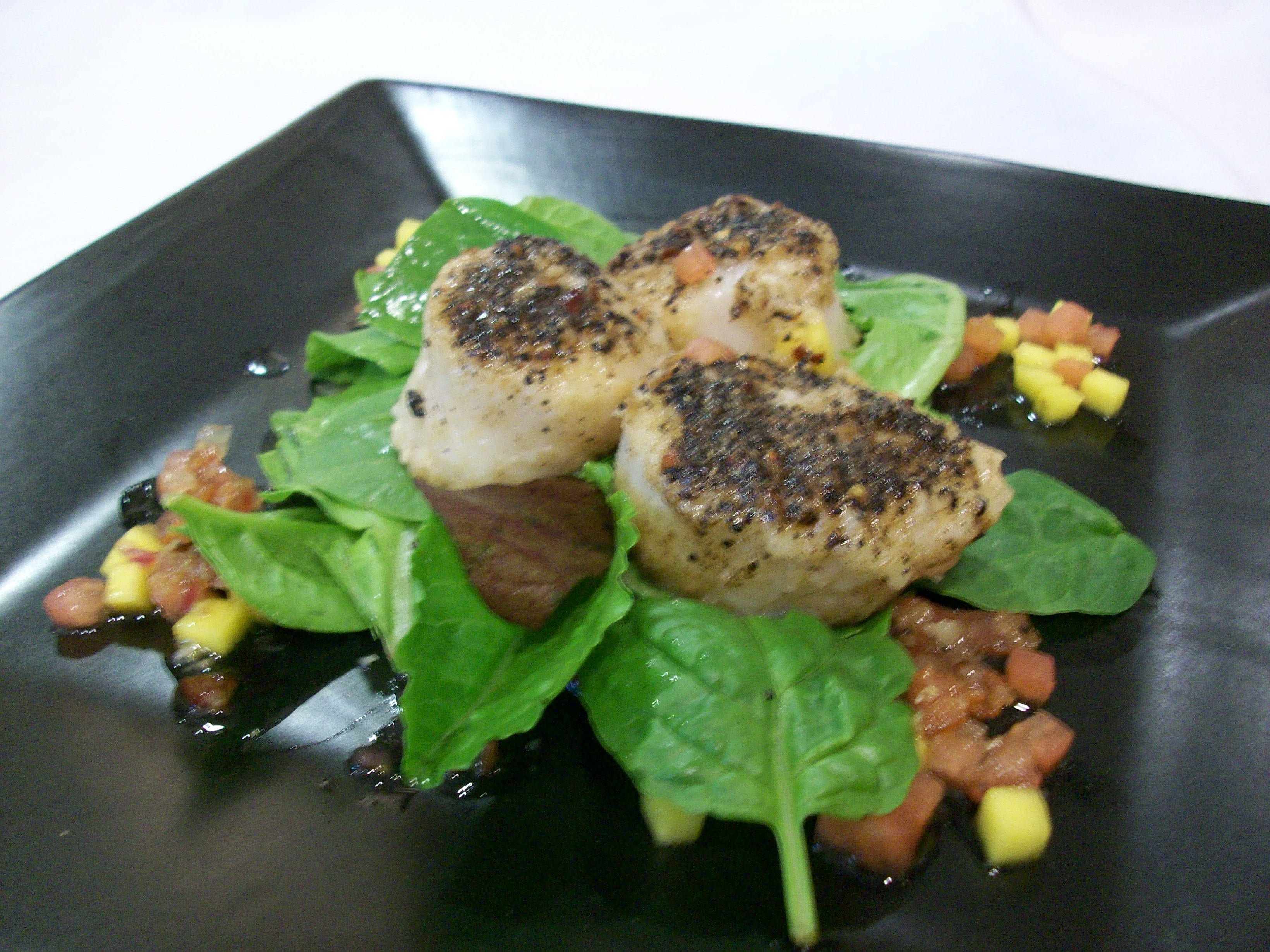 Espresso Crusted Scallops over Wilted Baby Spinach 