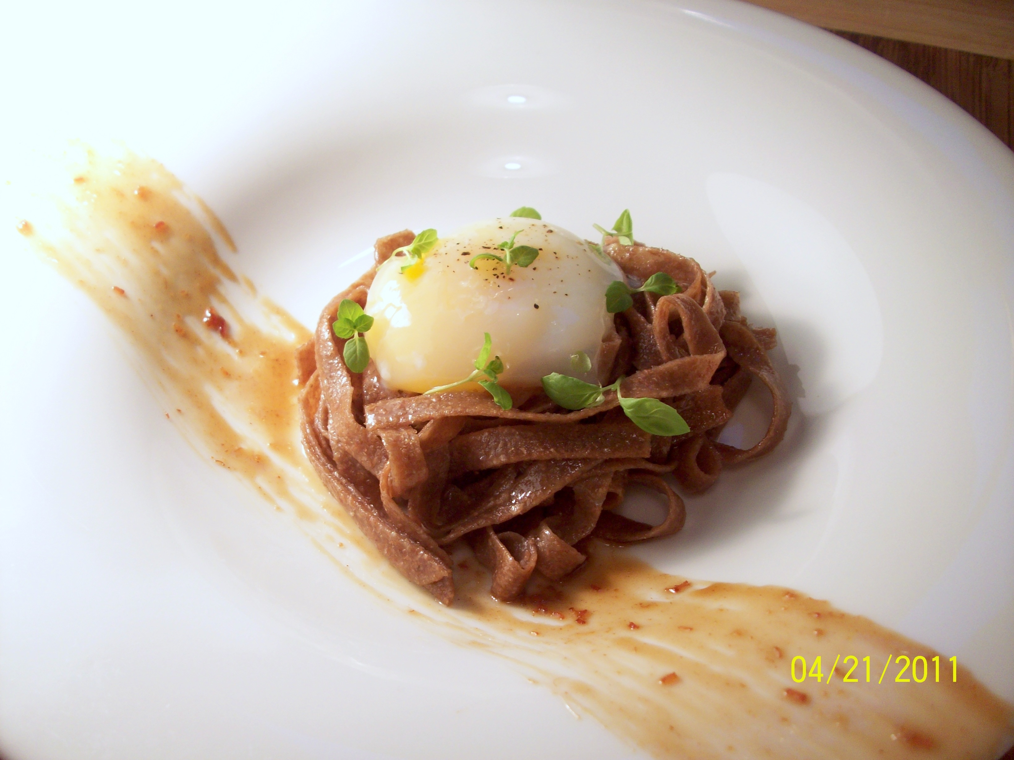 Coffee Noodles, Poached Egg, Bacon Coffee Compote