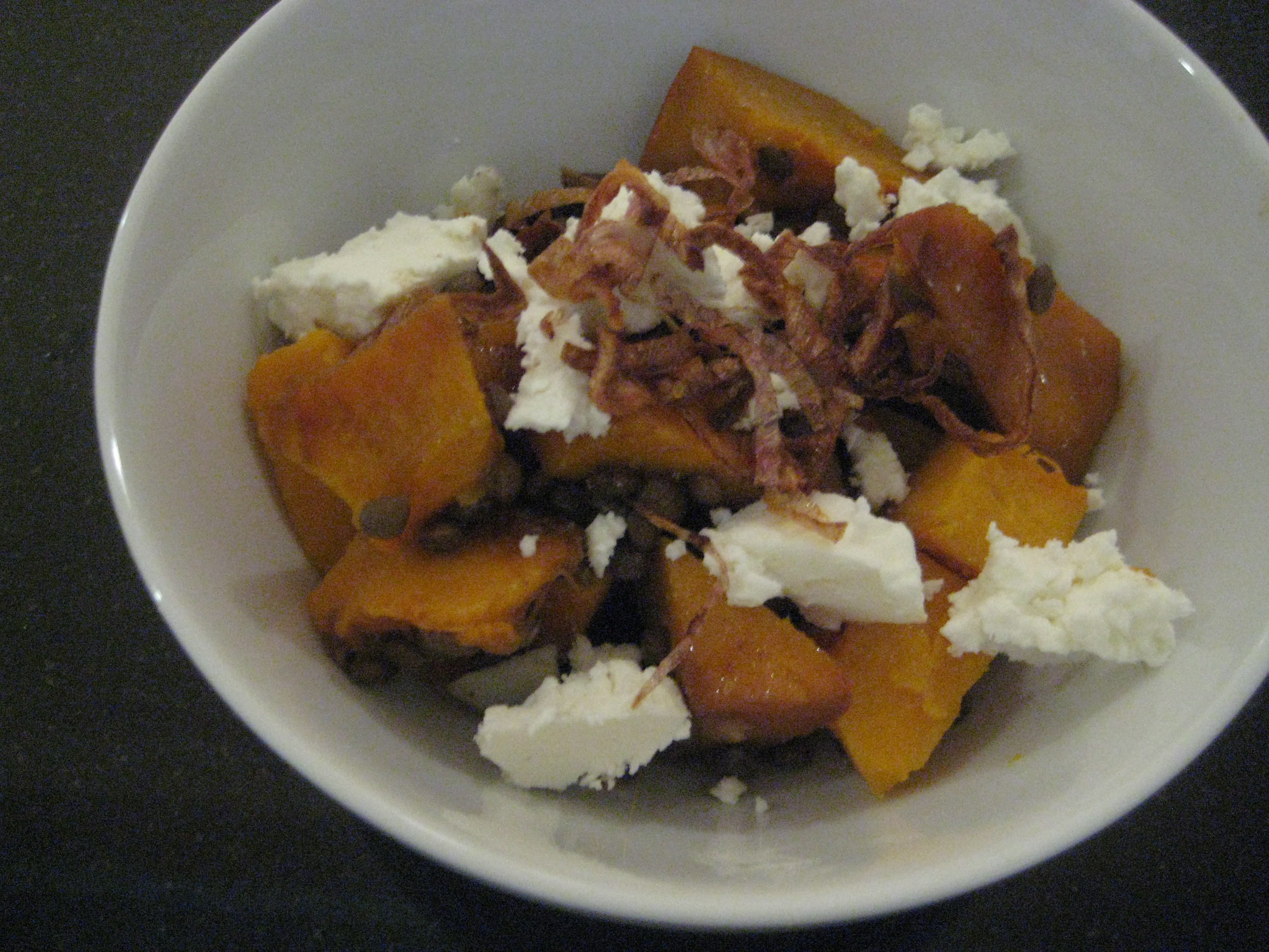Balsamic Roasted Pumpkin with Goat Cheese, Lentils and Crispy Fried Shallots