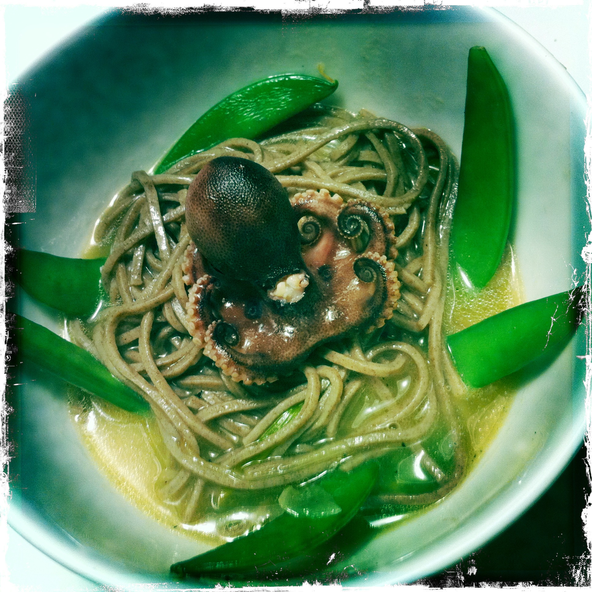 Baby Octopus in a Nest of Soba Noodles and Snippy Snap Peas