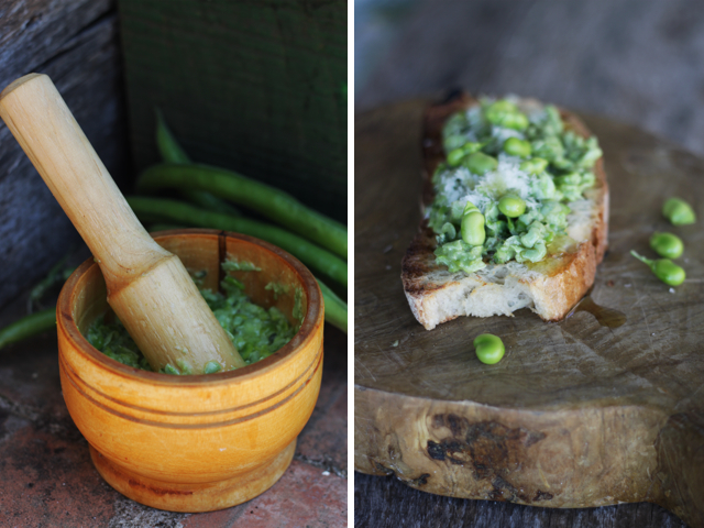Raw fava bean crostini