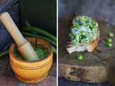 Raw fava bean crostini