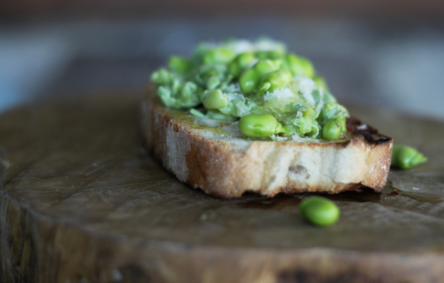 Raw fava bean crostini