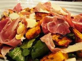 Roasted pumpkin, Serrano ham & Manchego cheese autumn salad