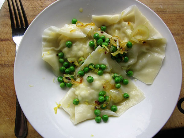 Lemon Artichoke Ravioli with Chili and Baby Peas