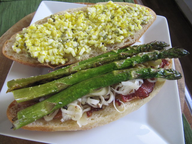 Roasted Asparagus Sandwich with Pickled Onion, Bacon and Hard-Cooked Egg Dressing