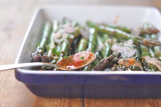 Slightly Spicy Asparagus with Warm Anchovy Shallot Citrus Vinaigrette