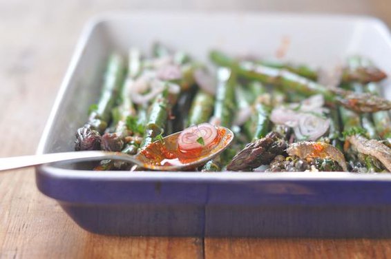 Slightly Spicy Asparagus with Warm Anchovy Shallot Citrus Vinaigrette