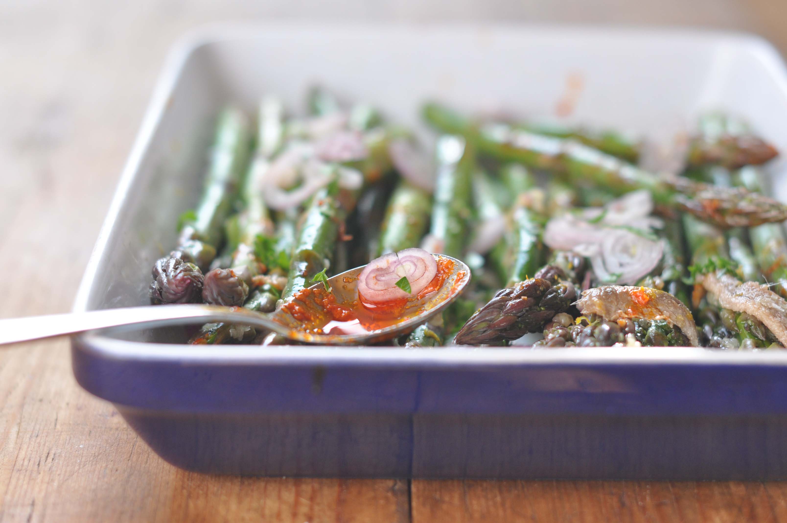 Slightly Spicy Asparagus with Warm Anchovy Shallot Citrus Vinaigrette
