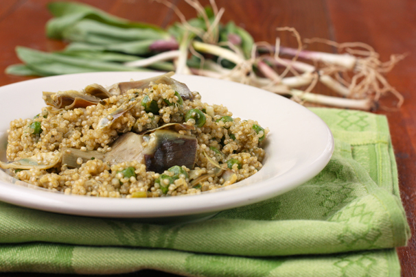 Spring Qunoa Pilaf with Ramps, Baby Artichokes and Peas