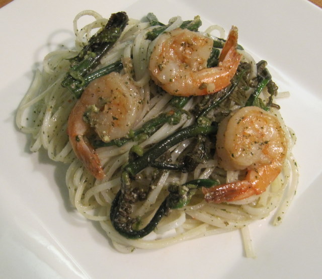 Sauteed Pohole (Fern shoots) and Shrimp with Lemon Balm Pesto on Rice Noodles