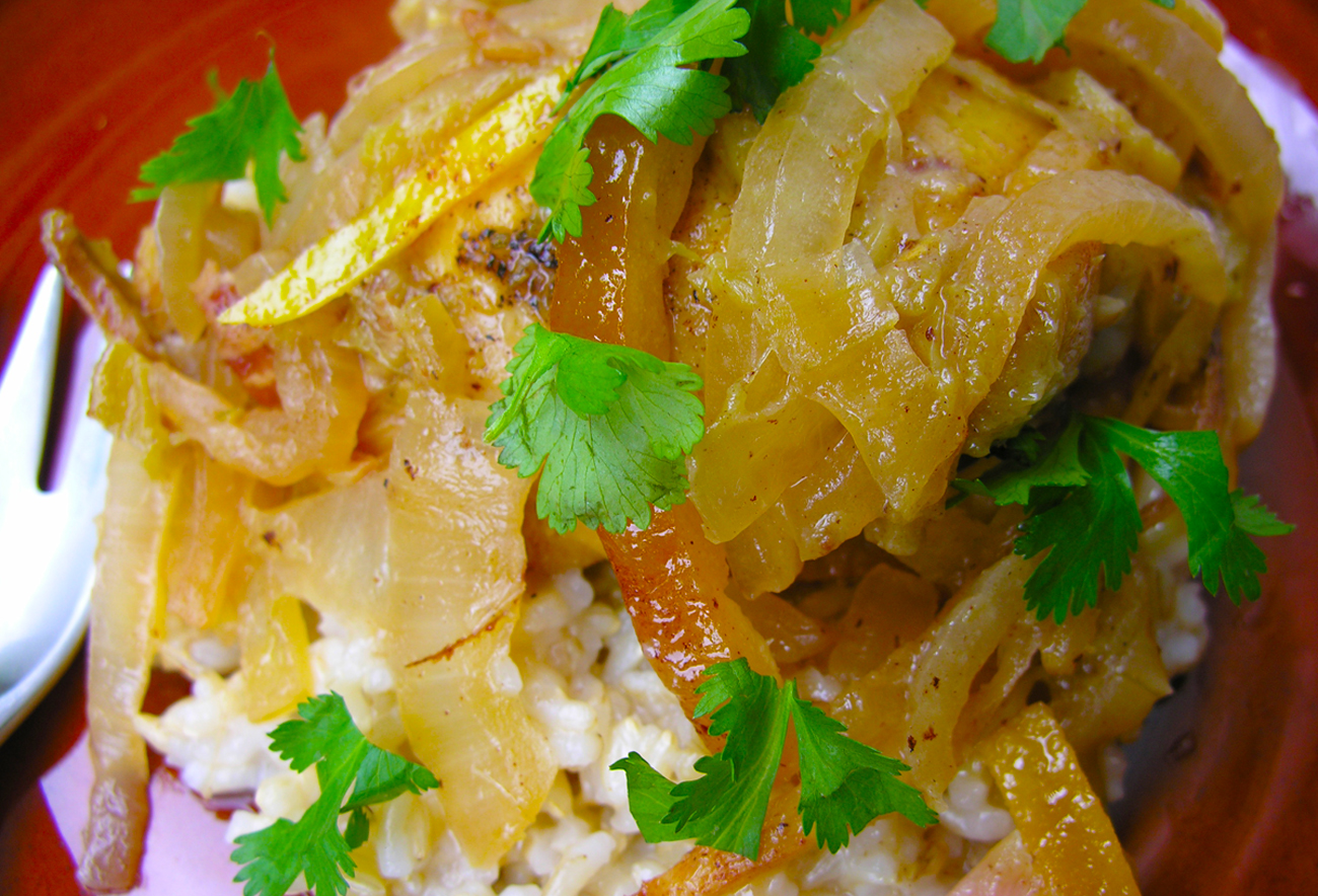 Spicy braised chicken with citrus and rhubarb