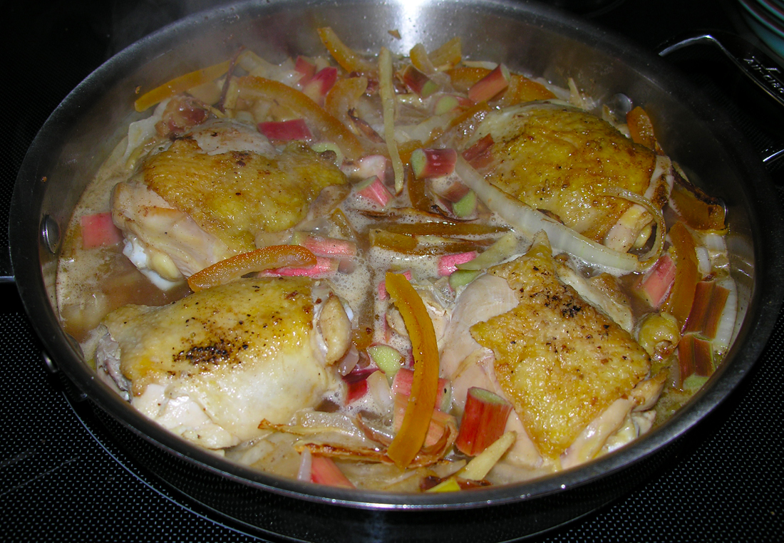 Spicy braised chicken with citrus and rhubarb