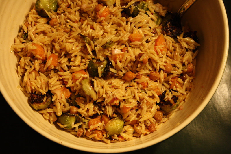 Squash & Sprout Orzo Salad with Ginger-Walnut Dressing