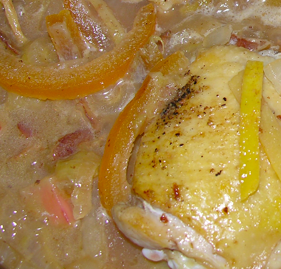 Spicy braised chicken with citrus and rhubarb