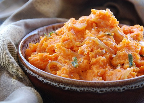 Olive Oil, Caramelized Onion, and Sage Mashed Sweet Potatoes