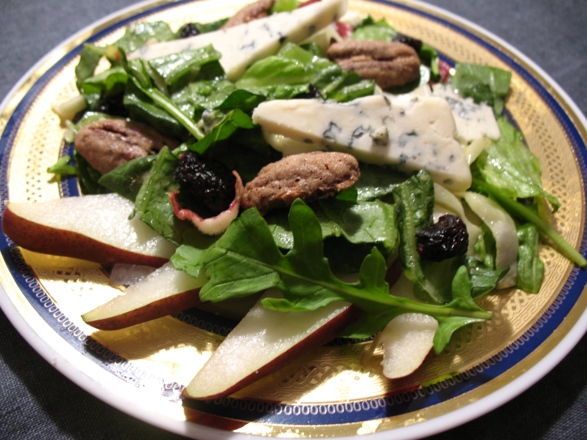 Autumn Greens with Gorgonzola, Spiced Pecans, and Roasted Garlic and Shallots Honey Mustard Dressing