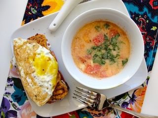 Tomato, Carrot, and Beet Soup with Pulp Bread Croque Madame
