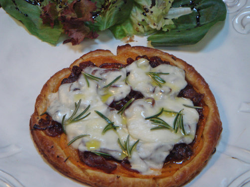 Very Thin Puff Pastry Tart with Sweet Potato, Onion Confit and Scamorza