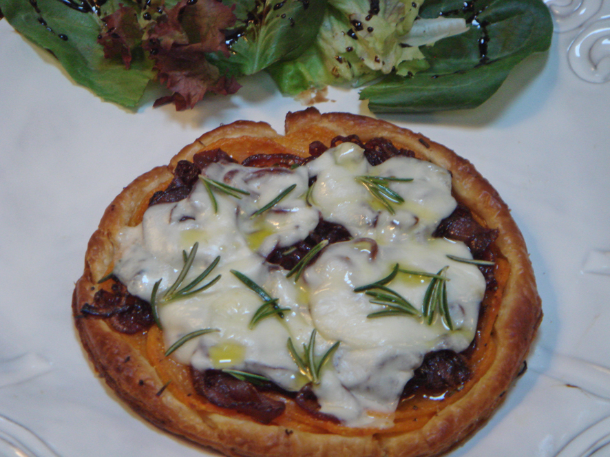 Very Thin Puff Pastry Tart with Sweet Potato, Onion Confit and Scamorza