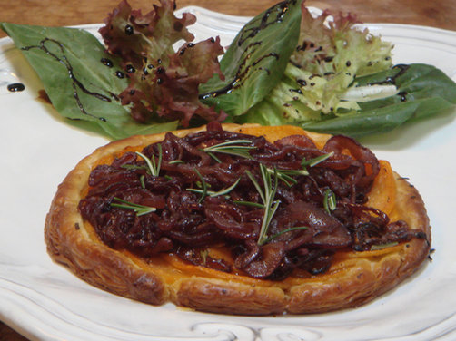 Very Thin Puff Pastry Tart with Sweet Potato, Onion Confit and Scamorza