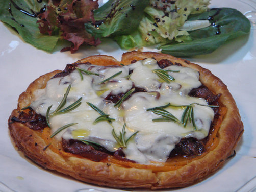 Very Thin Puff Pastry Tart with Sweet Potato, Onion Confit and Scamorza