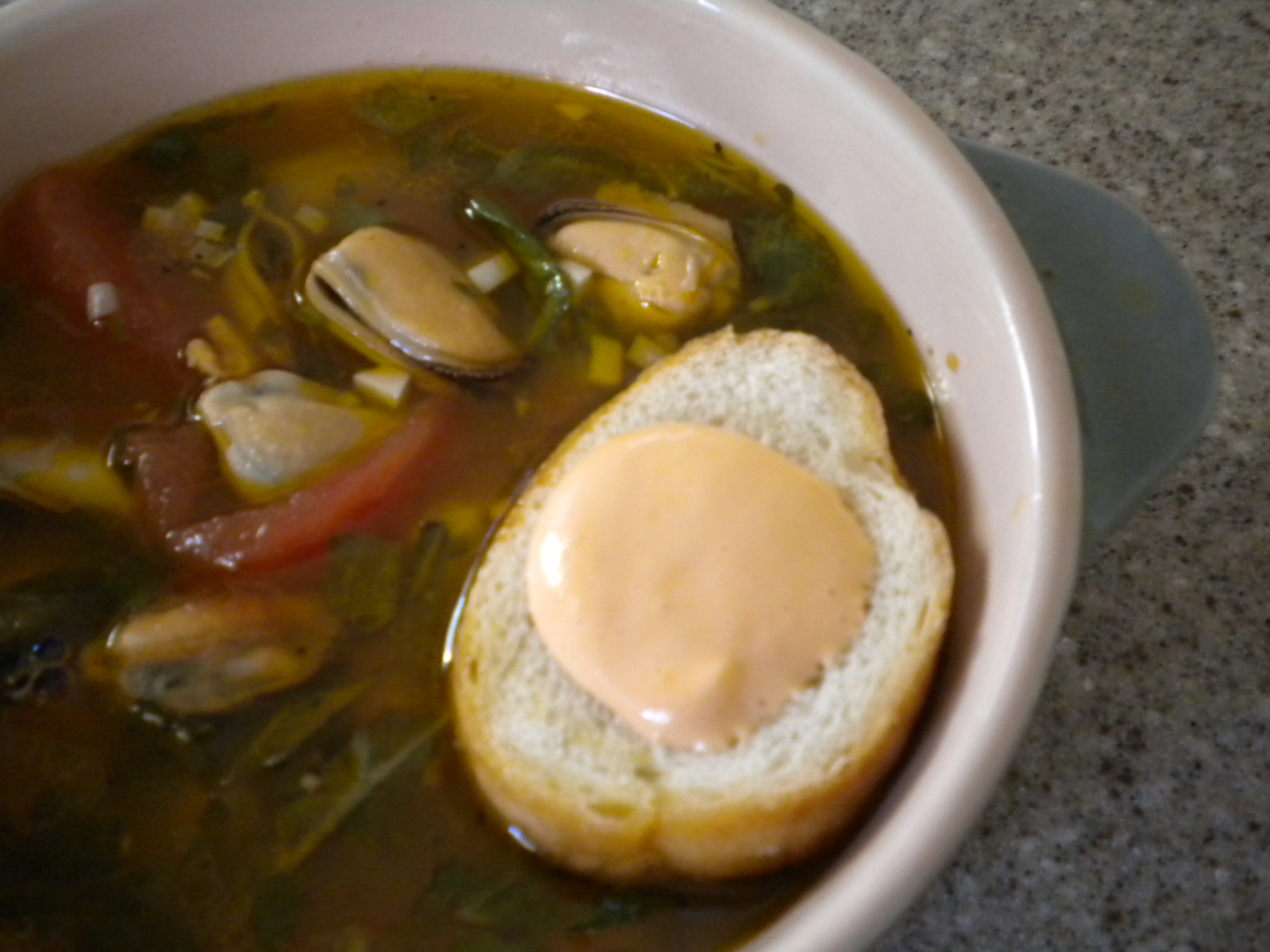 Mussel Stew with Red Pepper Aioli Croutons