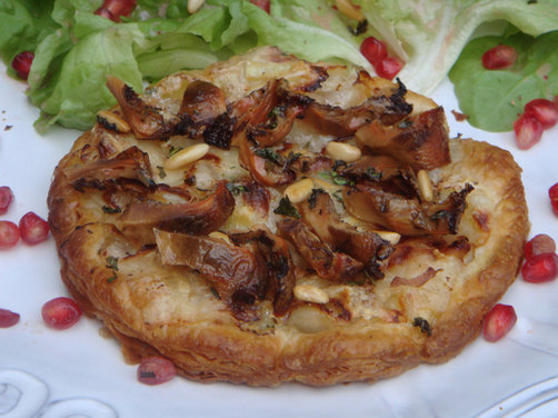 Very Thin Puff Pastry Tart with Pear, Sweet Gorgonzola and Mushroom 