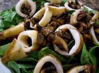 Teriyaki Mushroom - Stuffed Squid On A Bed Of Baby Spinach