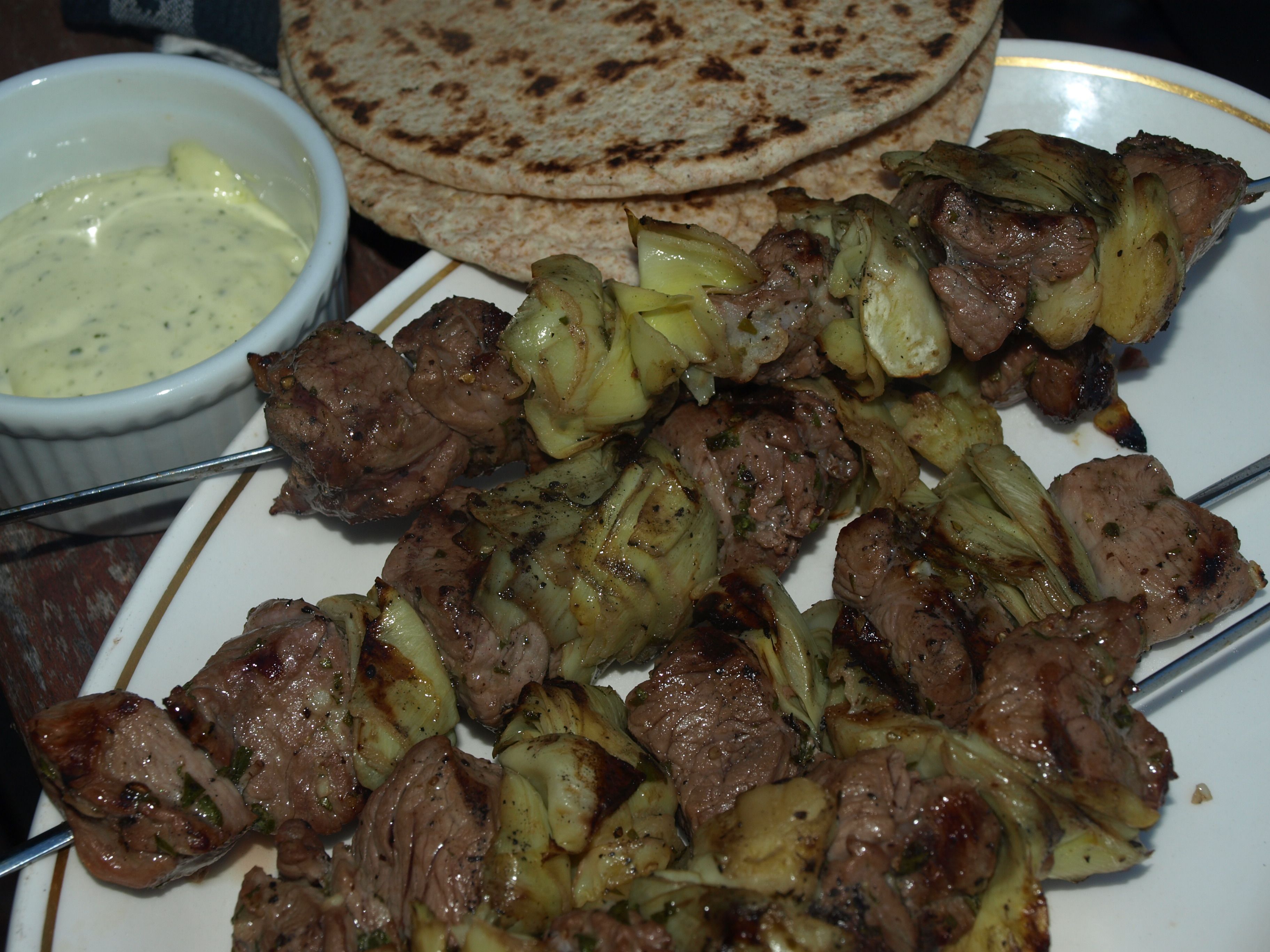 Lamb & Artichoke Kebabs with Minted Lemon Aioli