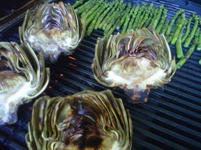 Grilled Artichokes & Asparagus with Walking Onion and Basil Aioli 