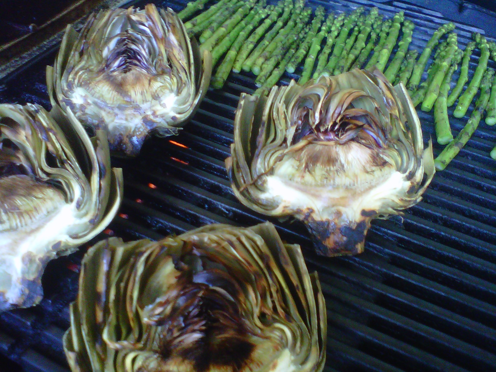 Grilled Artichokes & Asparagus with Walking Onion and Basil Aioli 