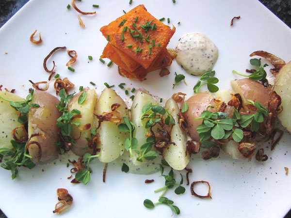 Potato "Salad" with Crispy Shallots, Pea Shoots & Whole Grain Mustard Aioli