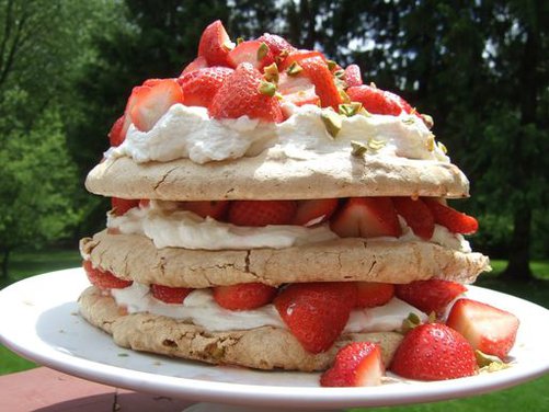Pistachio Meringue Stack with Rose Cream and Strawberries