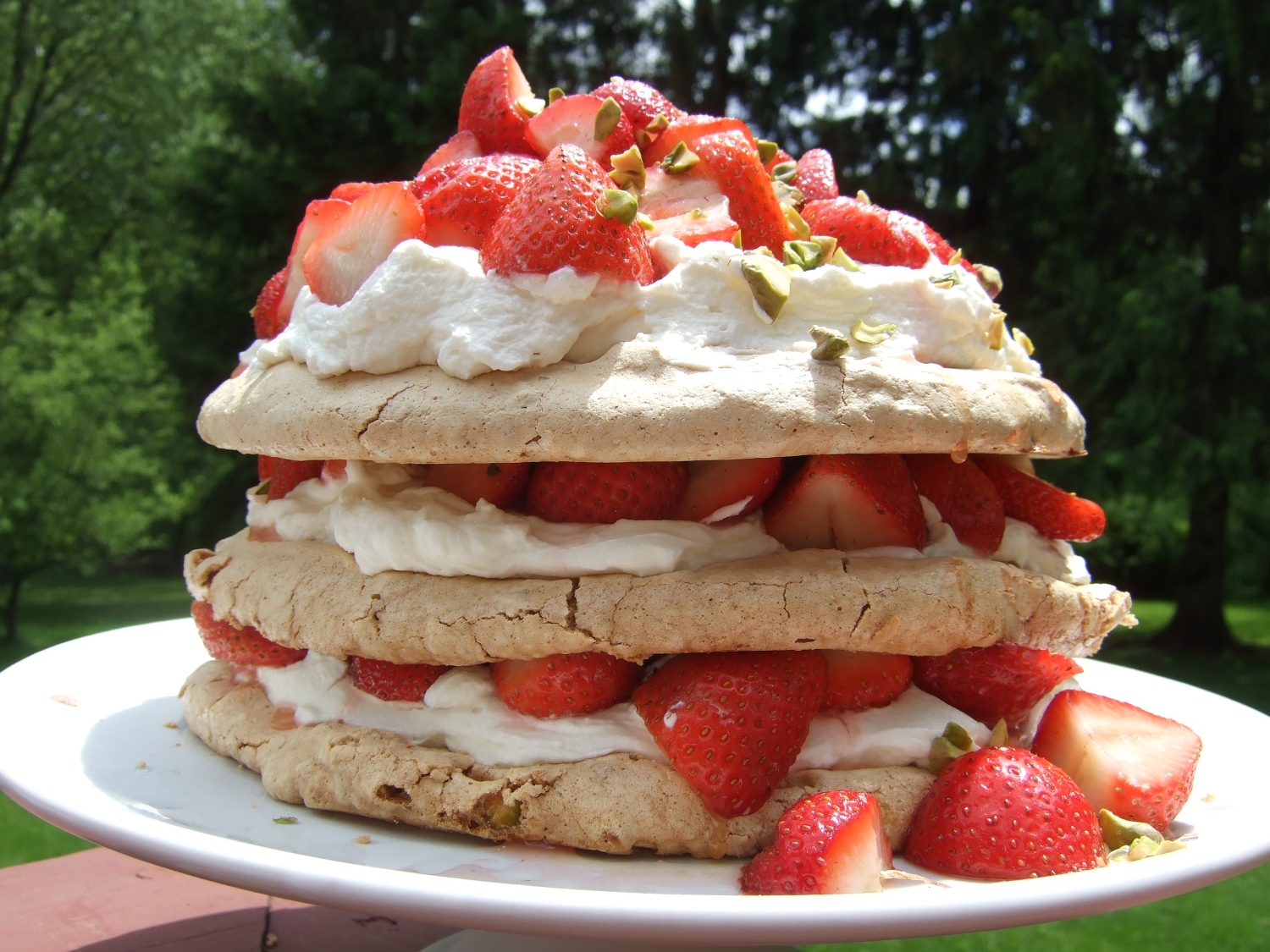Pistachio Meringue Stack with Rose Cream and Strawberries