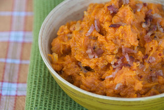 Roasted Sweet Potatoes with Maple Smoked Bacon and Beer