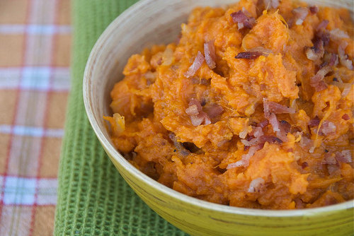 Roasted Sweet Potatoes with Maple Smoked Bacon and Beer