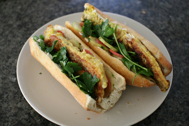 Curry Battered Barramundi Fillet Sandwiches with Garlic Mayo and Pickled Cucumbers