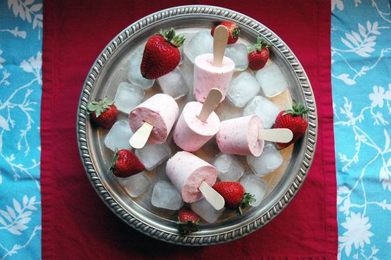 Bourbon Strawberries and Cream Popsicles