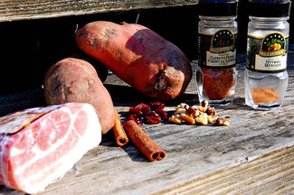 Roasted Sweet Potato Stuffing with Bacon, Pecans and Cranberries