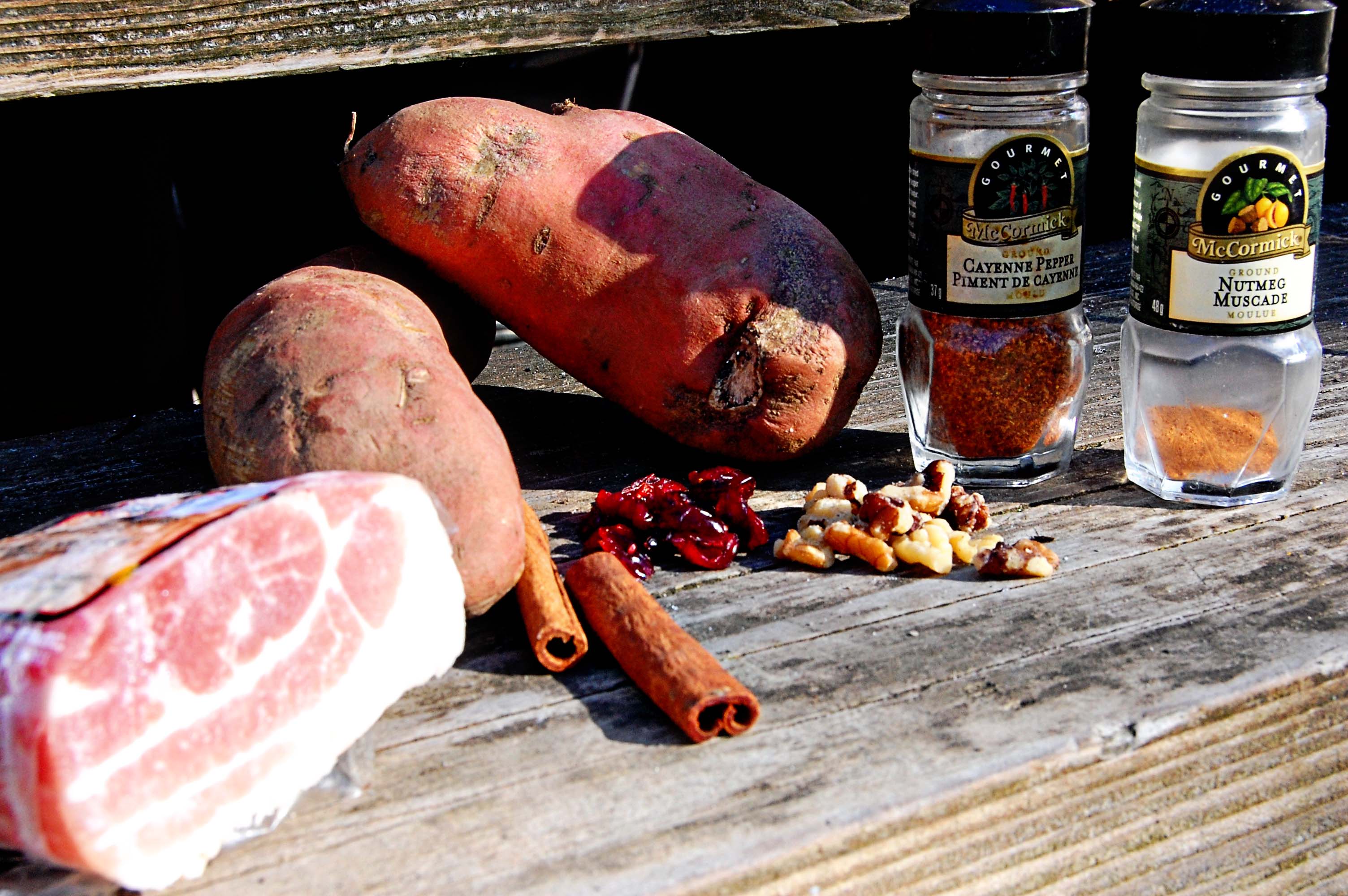 Roasted Sweet Potato Stuffing with Bacon, Pecans and Cranberries