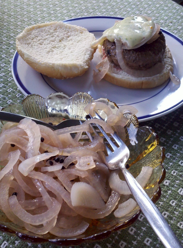 Honey Habanero Aioli Burgers with Pickled Onions